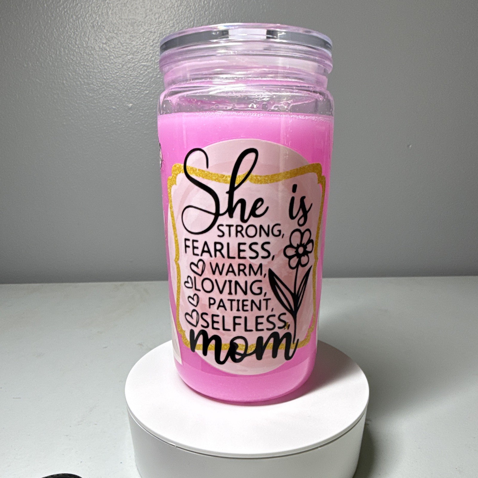 Pink Flower Glitter Floral Plastic Tumbler Cup w/ Clear Lid, 16 oz