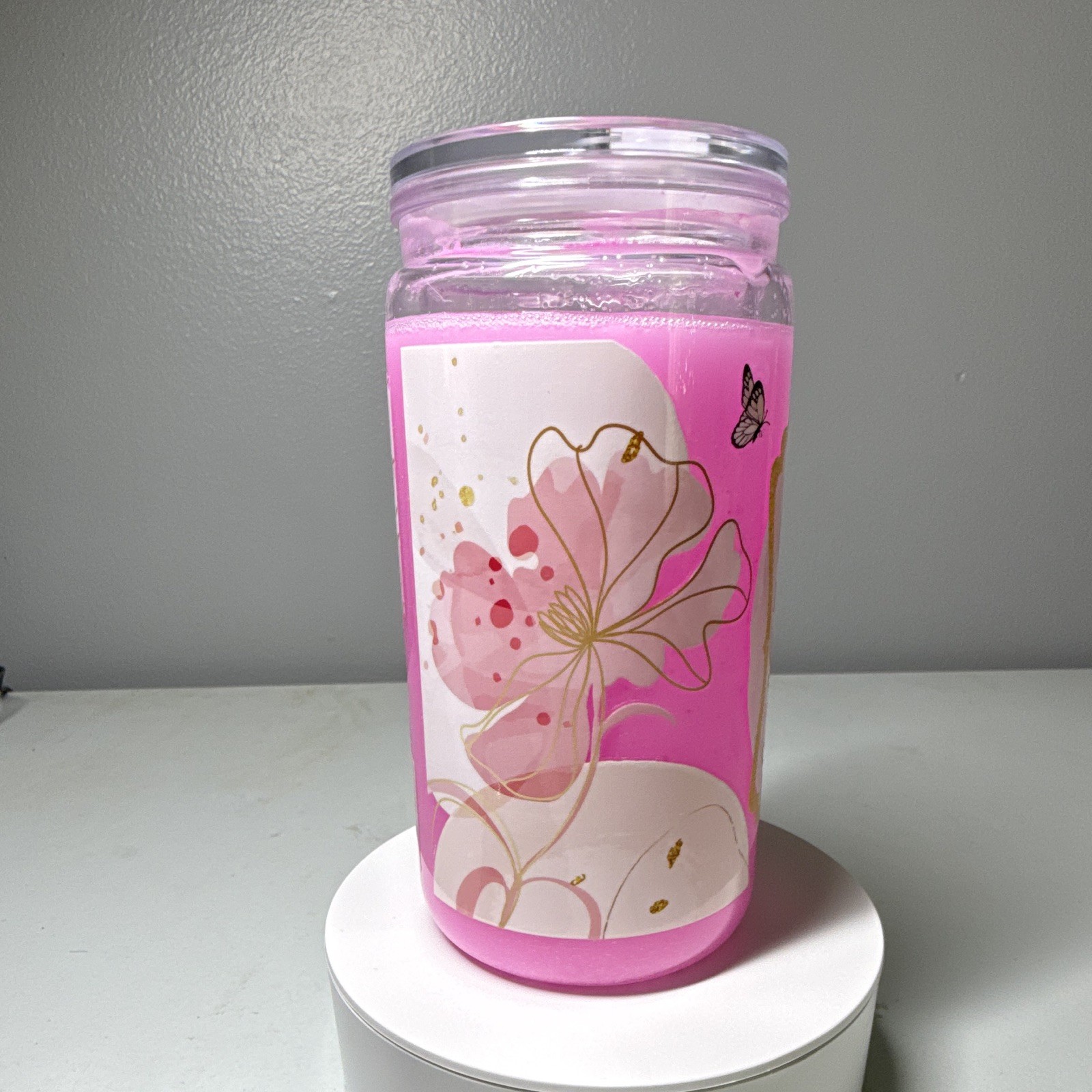 Pink Flower Glitter Floral Plastic Tumbler Cup w/ Clear Lid, 16 oz