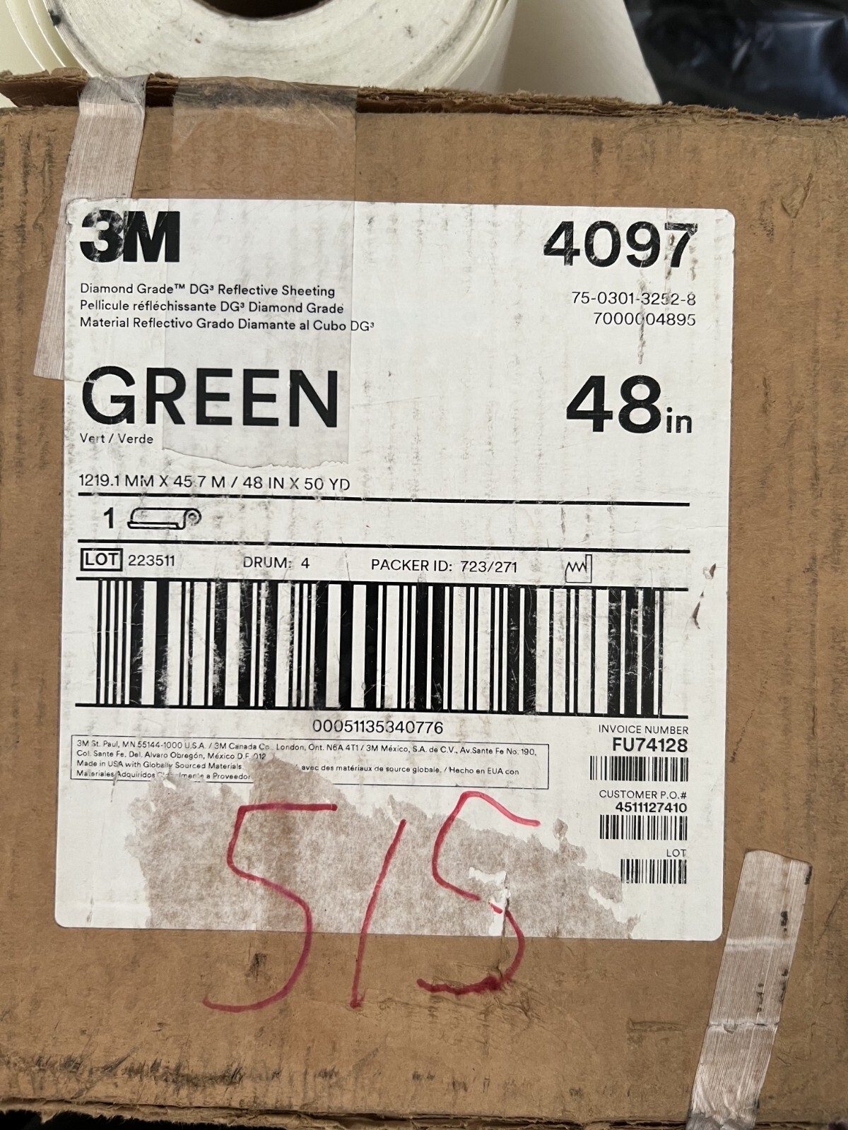 3M Diamond Grade DG³ Reflective Sheeting 4097 Green, 48 in x 50 yd (Unused)