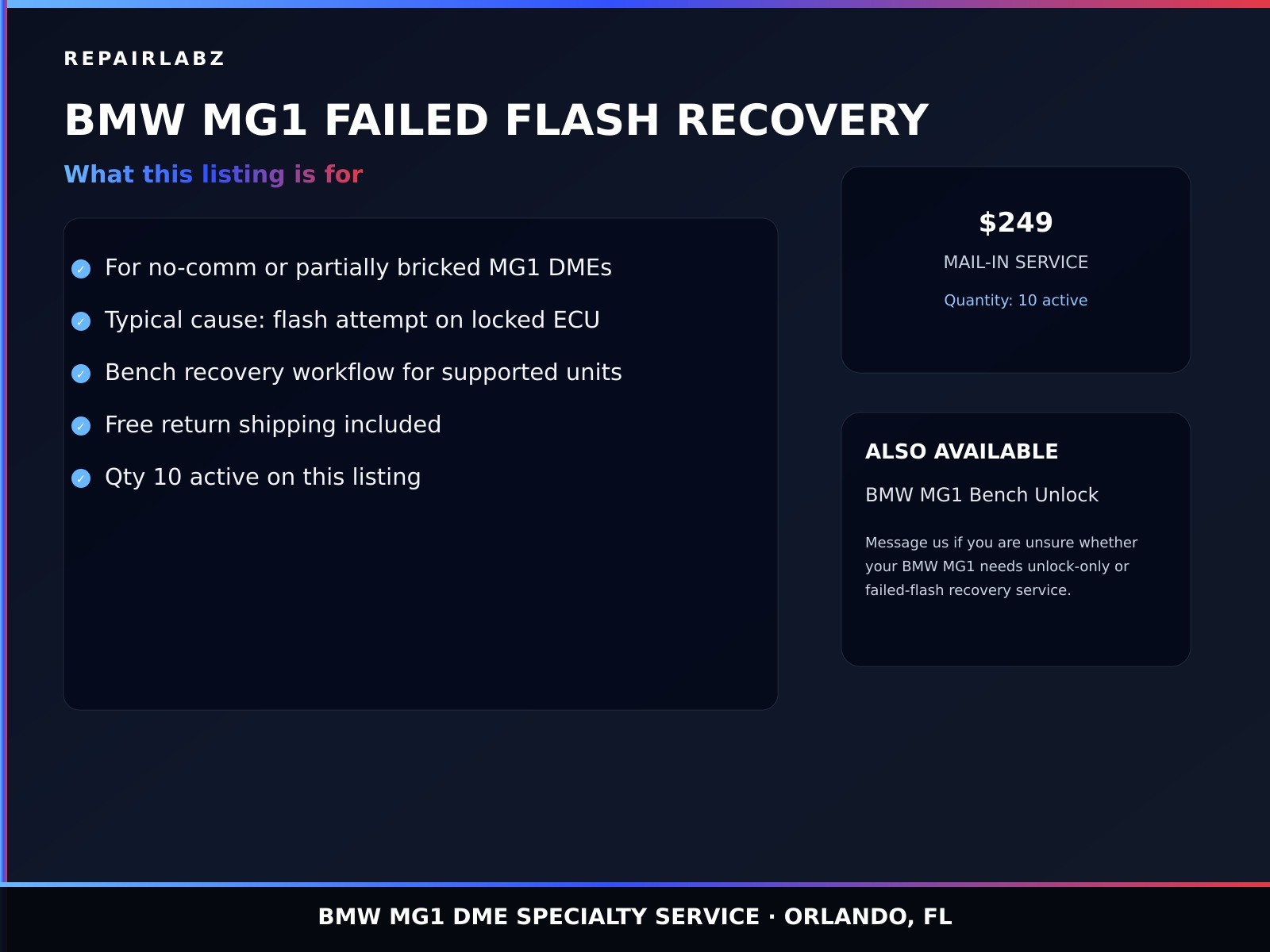 BMW MG1 DME Unbrick Recovery Service Failed Flash No Comm ECU Mail-In $249