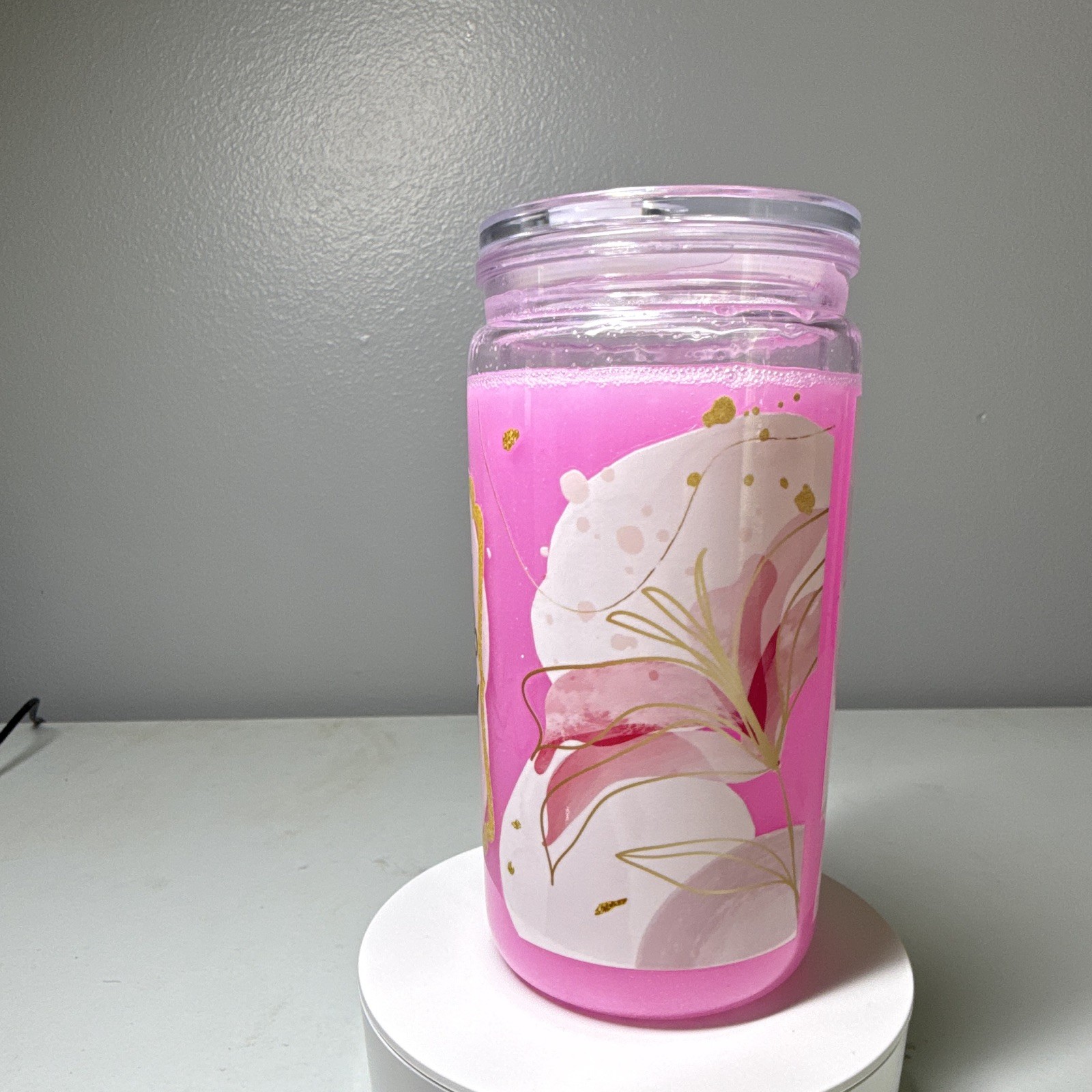 Pink Flower Glitter Floral Plastic Tumbler Cup w/ Clear Lid, 16 oz