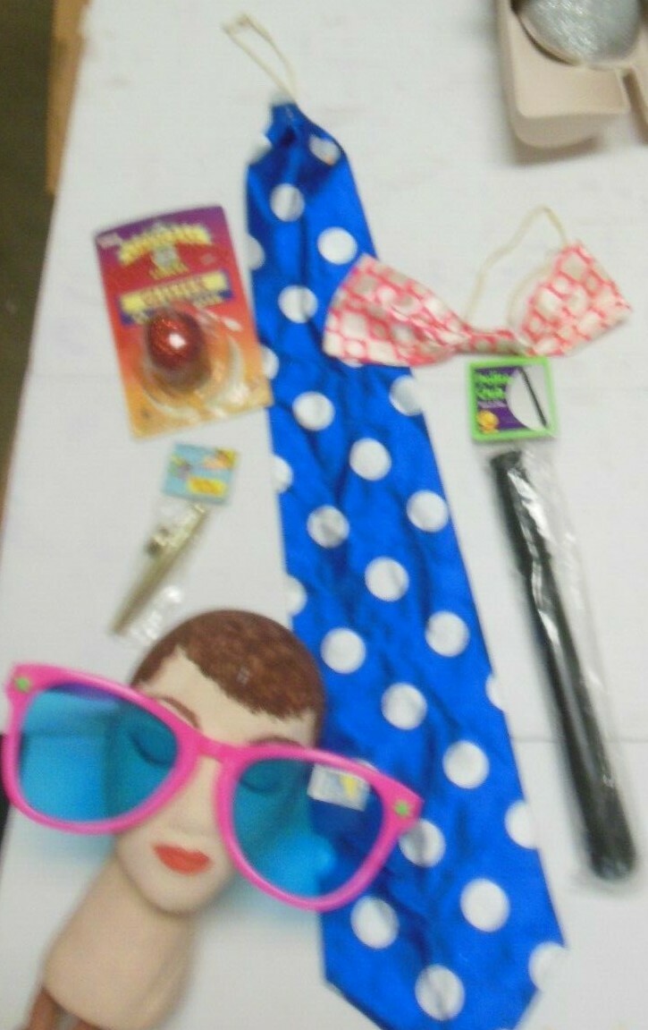 Lot of Clown Accessories Kazoo 2 ties Sunglasses Glitter clown nose etc