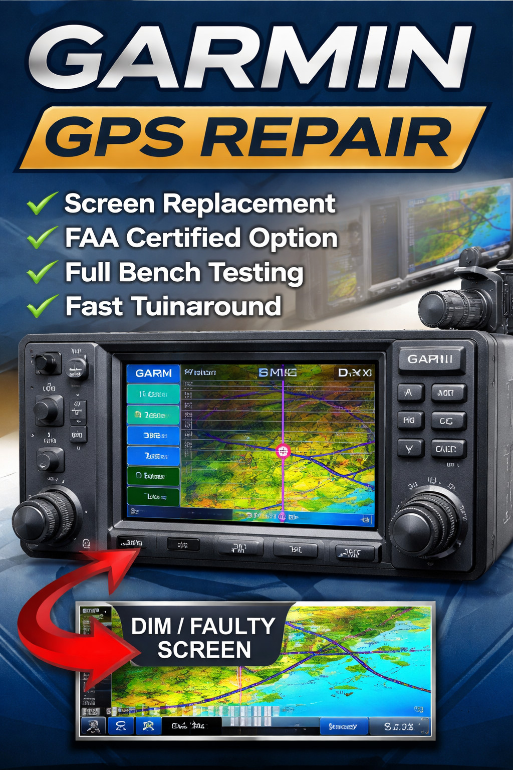 Certified Screen Repair Service for Garmin GPS GNC GNS 430 400 420 W & AW Series