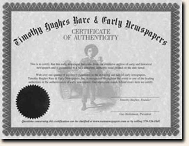 Certificate of Authenticity for “TIMHU” Newspaper/Item