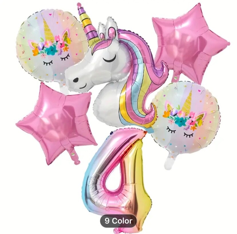 6pcs Whimsy Wings Unicorn Themed Party Balloons Set, Large 32-Inch Number 4
