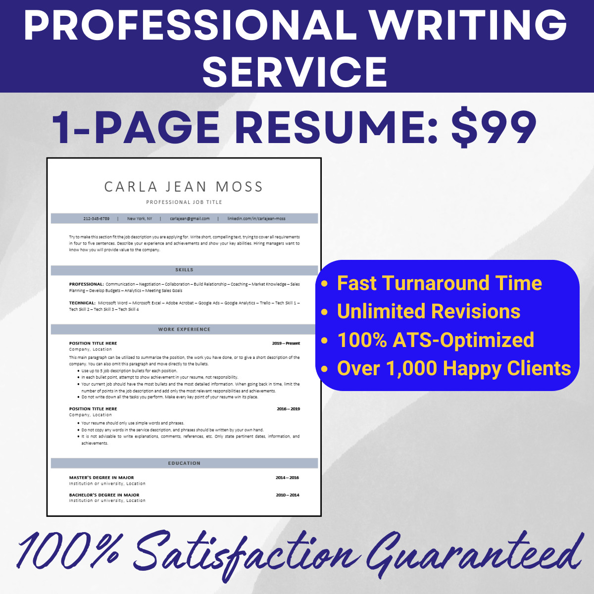 Experienced Professional Resume Writing EXPERT—Custom 1-Page Resume: $99