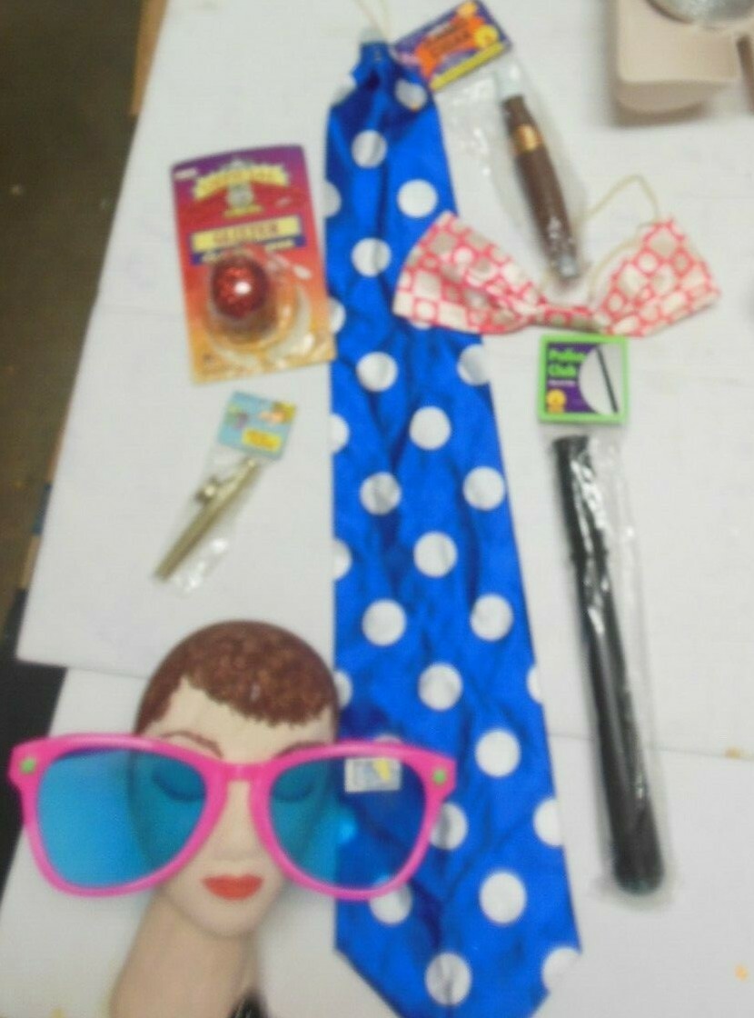Lot of Clown Accessories Kazoo 2 ties Sunglasses Glitter clown nose etc
