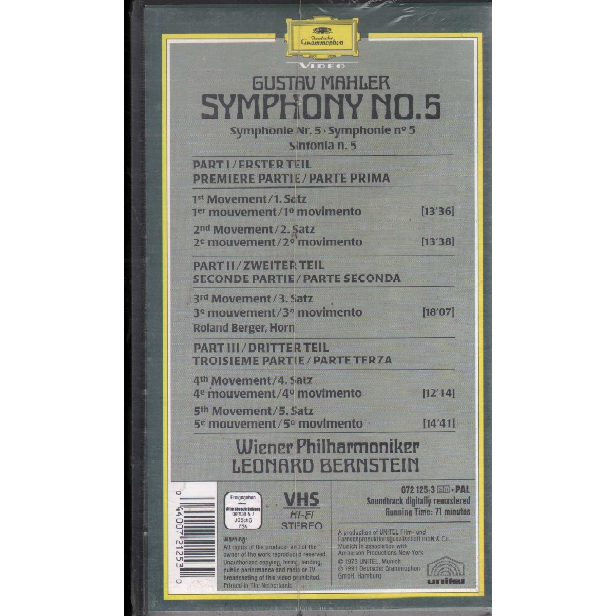 Gustav Mahler VHS Symphony No 5 Deutsche – 0721253 Sealed