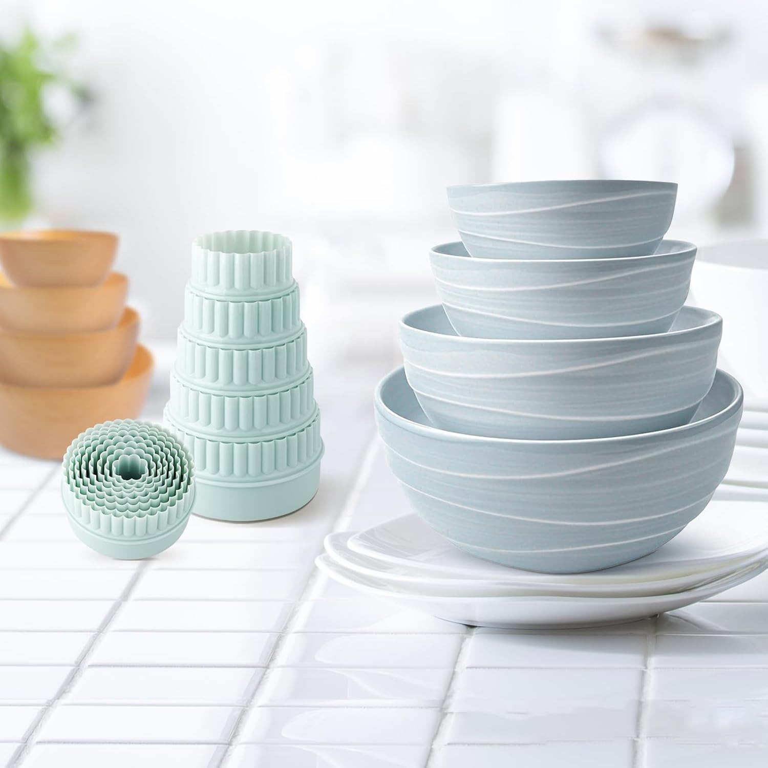 2 Sets Display Stands for Pyrex Bowls 16Pcs, Stacker Rings for Cabinet Organizer