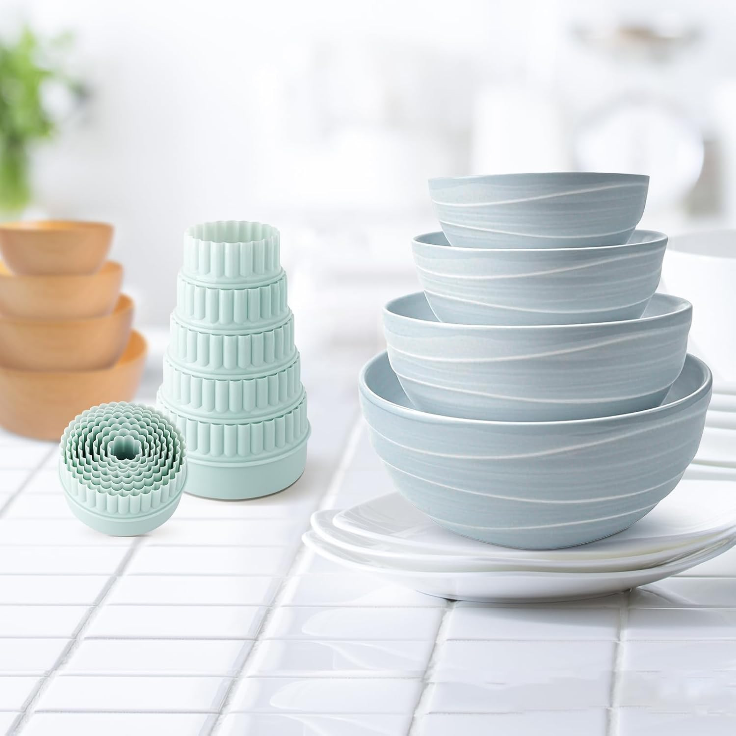 2 Sets Display Stands for Pyrex Bowls 16Pcs, Stacker Rings for Cabinet Organizer