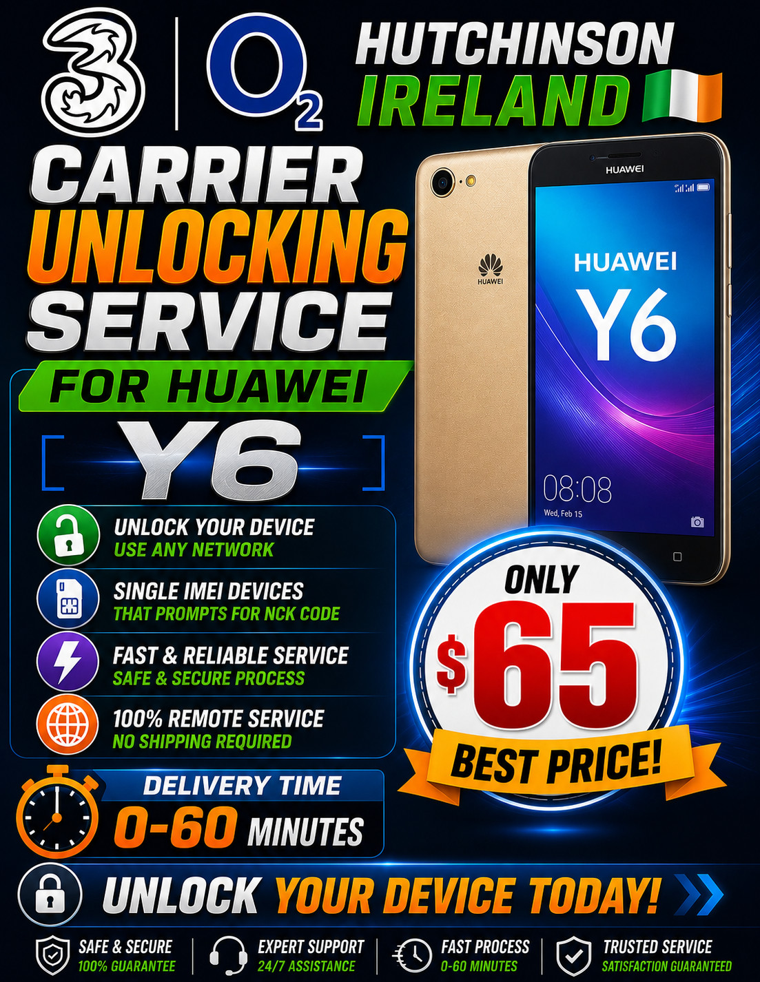 Huawei Y6 – 3/O2 (Hutchison Ireland) Remote Carrier Unlock Service