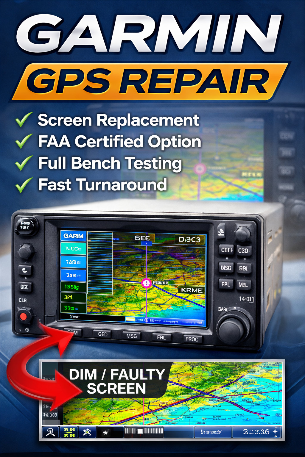 Certified Screen Repair Service for Garmin GPS GNC GNS 430 400 420 W & AW Series