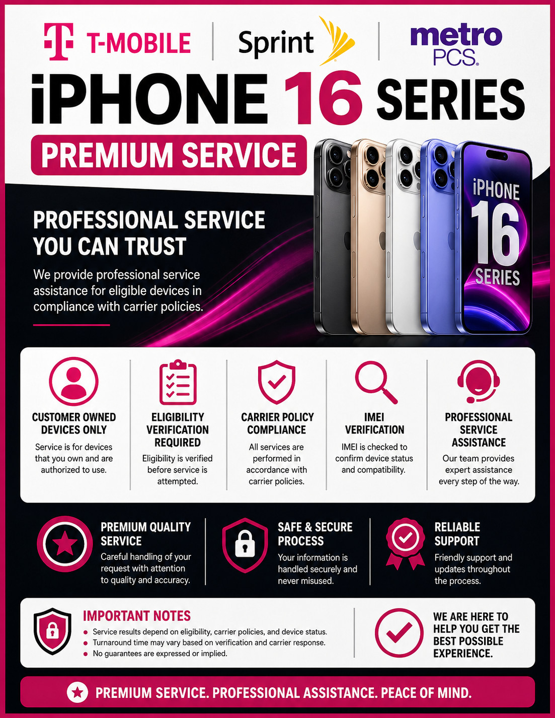 T-Mobile / Sprint / MetroPCS iPhone 16 Series – Professional Service Assistance