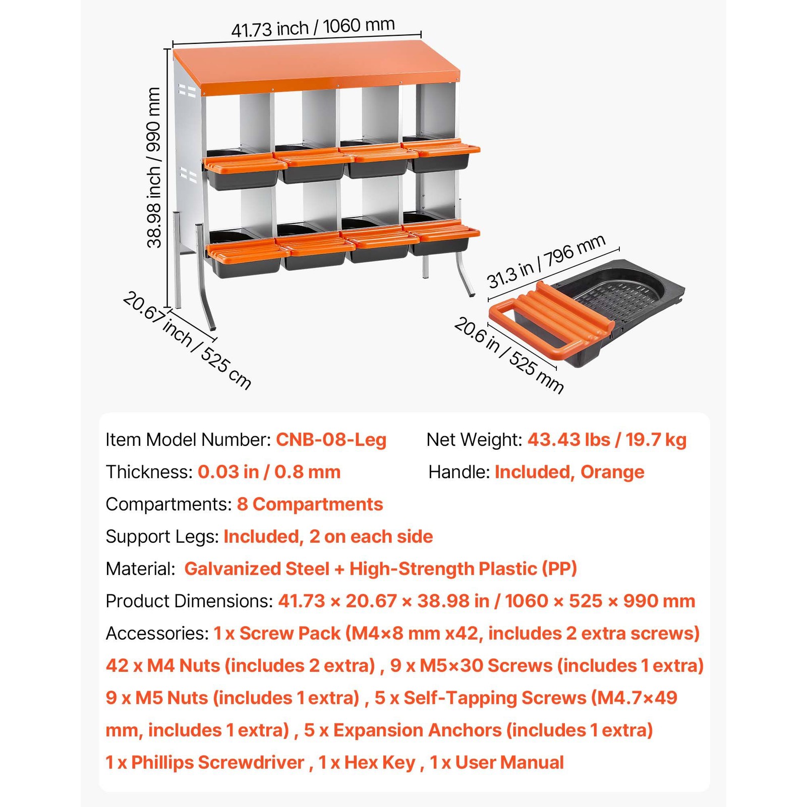 Chicken Nesting Boxes, 8 Compartments, with Support Legs, Easy Egg Collection, G