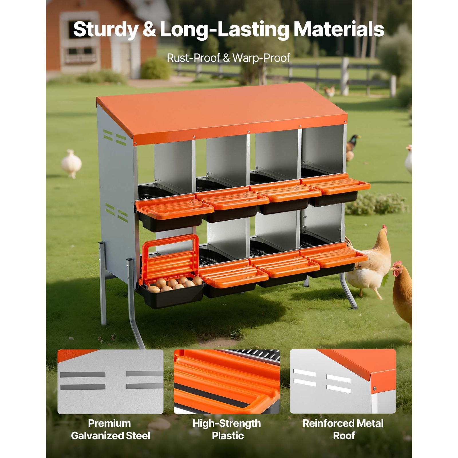 Chicken Nesting Boxes, 8 Compartments, with Support Legs, Easy Egg Collection, G