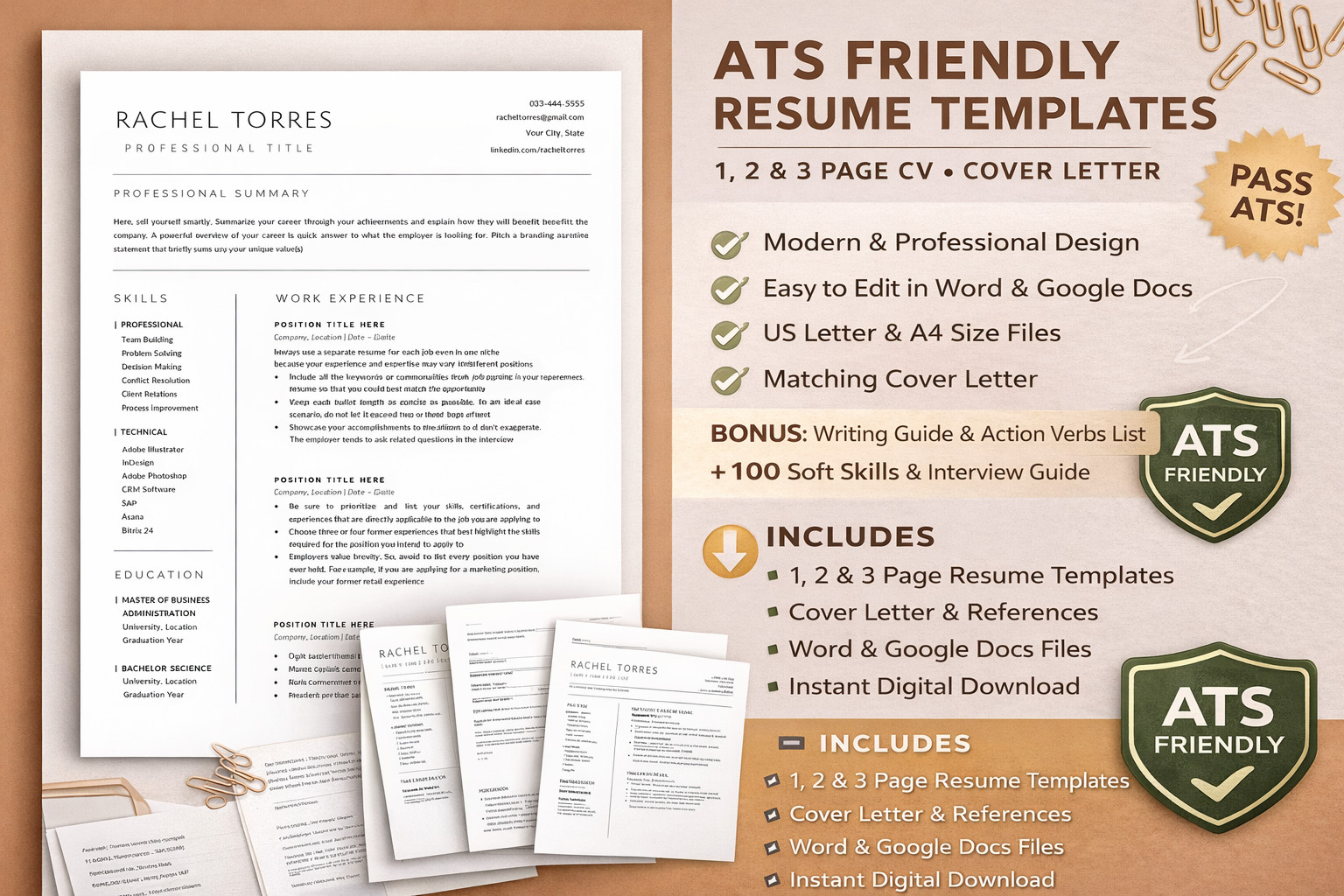 US ATS Resume Template | Professional CV + Cover Letter Editable.