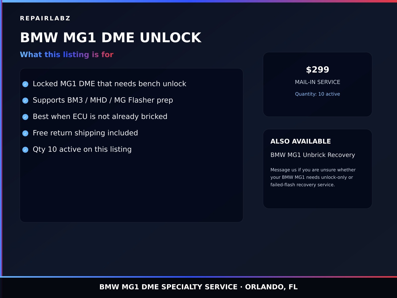 BMW MG1 DME Unlock Service B58 B48 S58 Bench Mail-In BM3 MHD $299