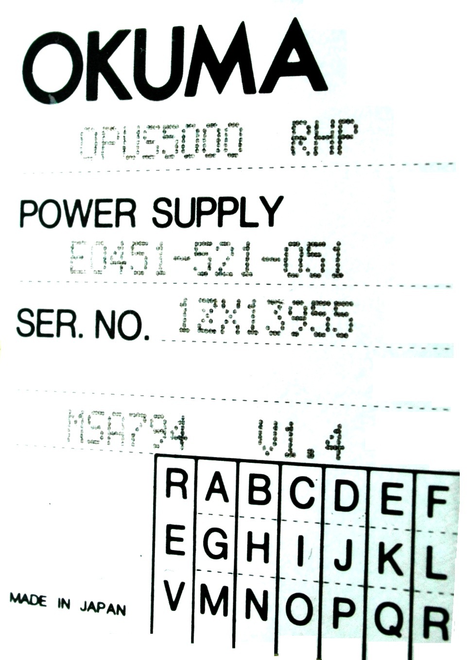 Okuma Power Supply E0451-521-051 *REPAIR EVALUATION ONLY* [PZJ]